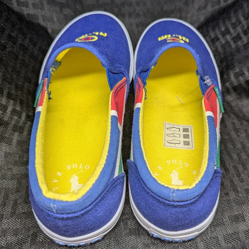 Blue And Yellow Ralph Lauren Polo Slip-On Sneakers with Embroidered RL-93 Logo.